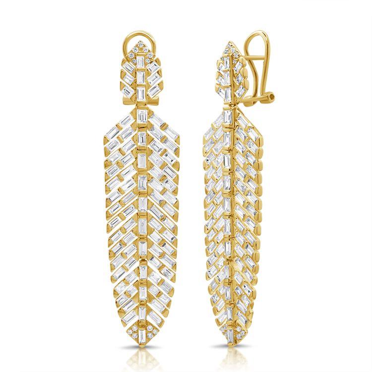 Long Feather Drop Earrings with Pave Diamonds and Bar Set Baguette Cut Diamonds