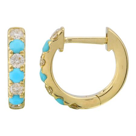 Alternating Turquoise and Diamond Huggie Hoop Earrings