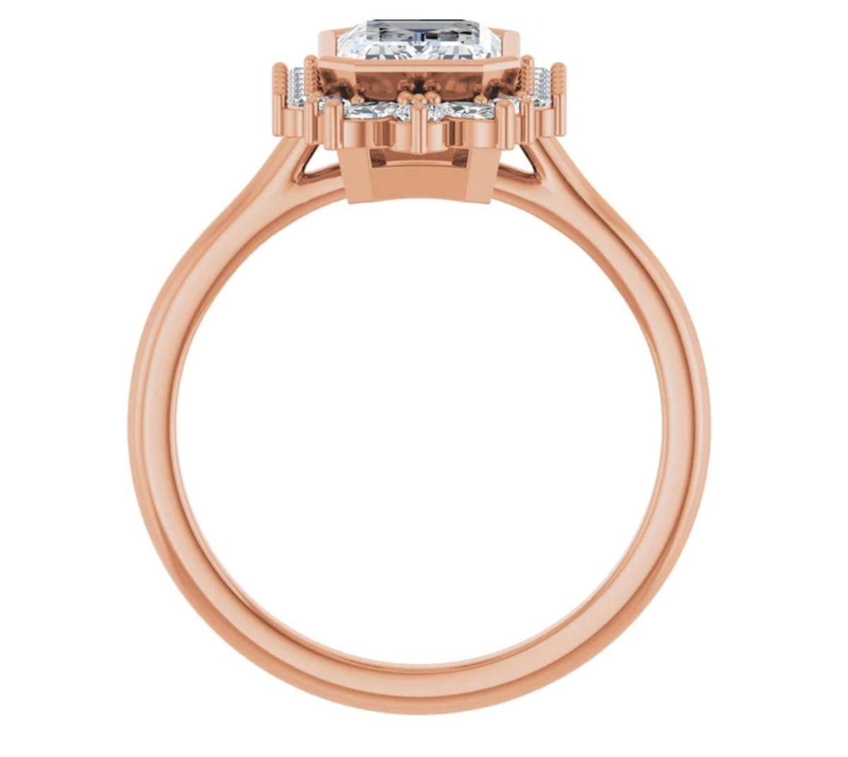 Emerald Cut Diamond Ring Setting with Halo of Mixed Diamonds