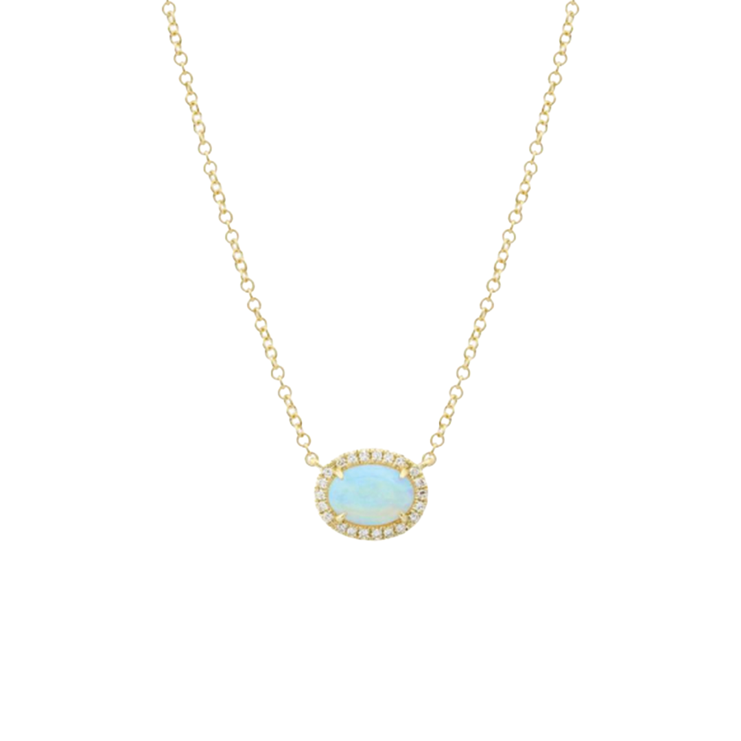 Oval Shaped Opal Pendant Necklace with Diamond Halo in 14K Yellow Gold