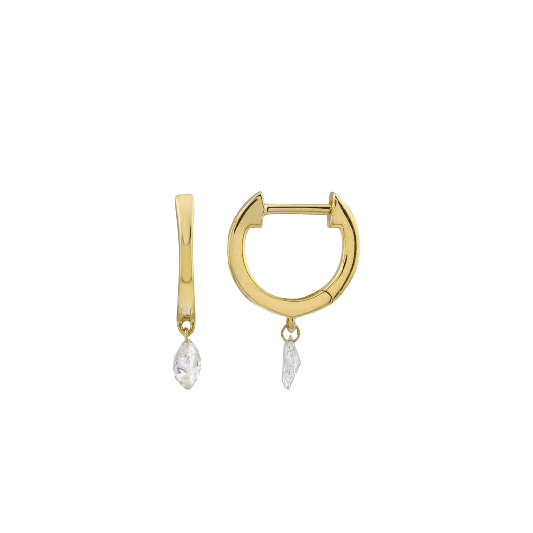 Huggie Hoop Earrings with Floating Marquise Shaped Diamonds in 14K Yellow Gold