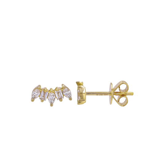 5-Stone Curved Stud Earrings with Baguette and Marquise Cut Diamonds in 14K Yellow Gold