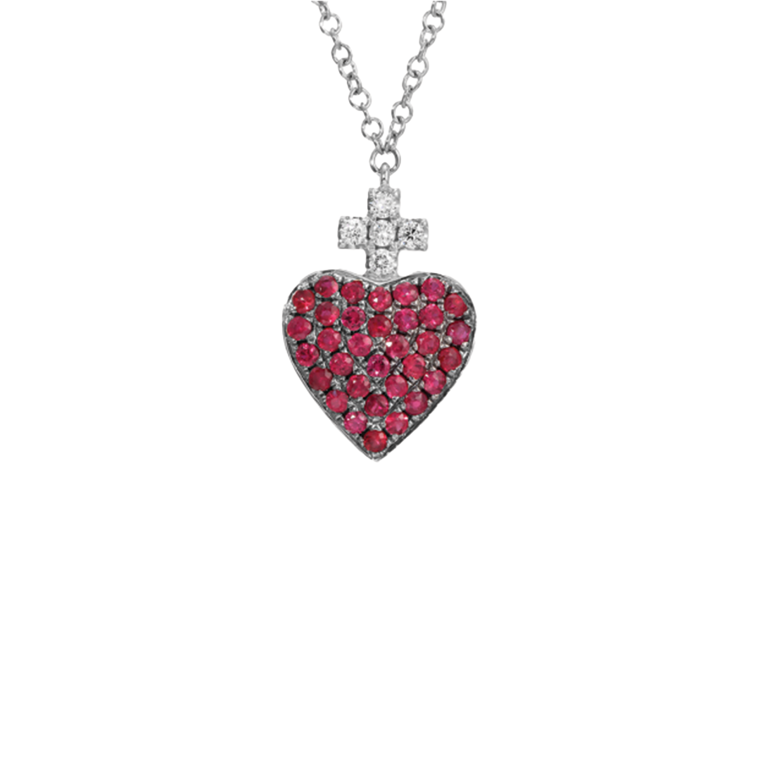 Sacred Heart Pendant Necklace with Ruby and Diamonds in 14K White Gold