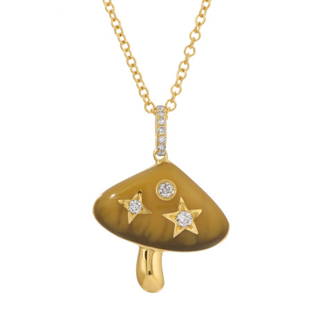 Tigers Eye Mushroom Pendant Necklace with Diamonds in 14K Yellow Gold