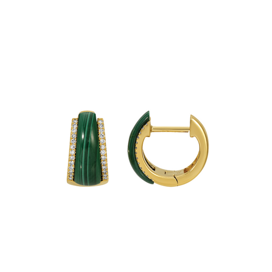 Malachite and Diamond Tapered Huggie Hoop Earrings in 14K Yellow Gold