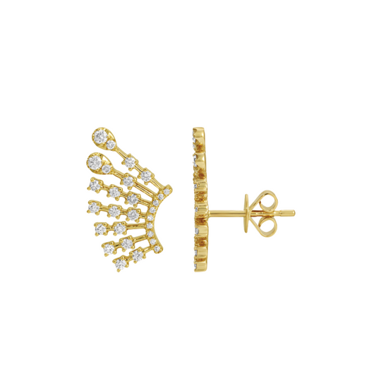 Ear Climber Stud Earrings with Prong Set Round Diamonds in 14K Yellow Gold