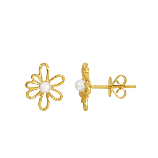 Flower Stud Earrings with Freshwater Cultured Pearl Center in 14K Yellow Gold