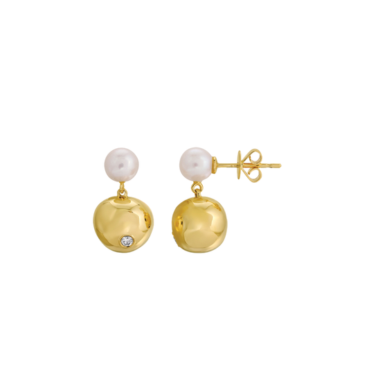 Pearl Stud Earrings with Gold Dome Drop and Diamonds in 14K Yellow Gold