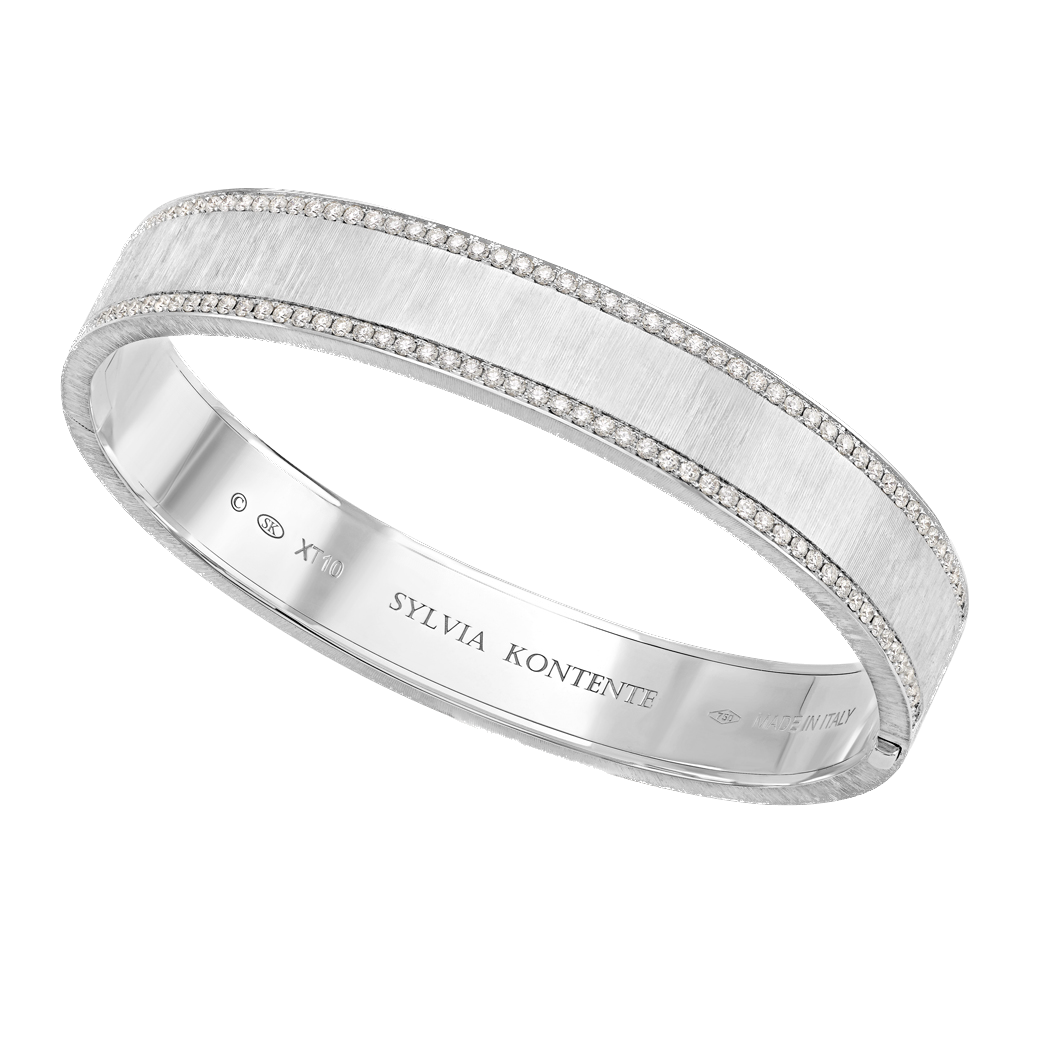 10mm White Gold and Diamond Border Bracelet with Hand Engraved Finish