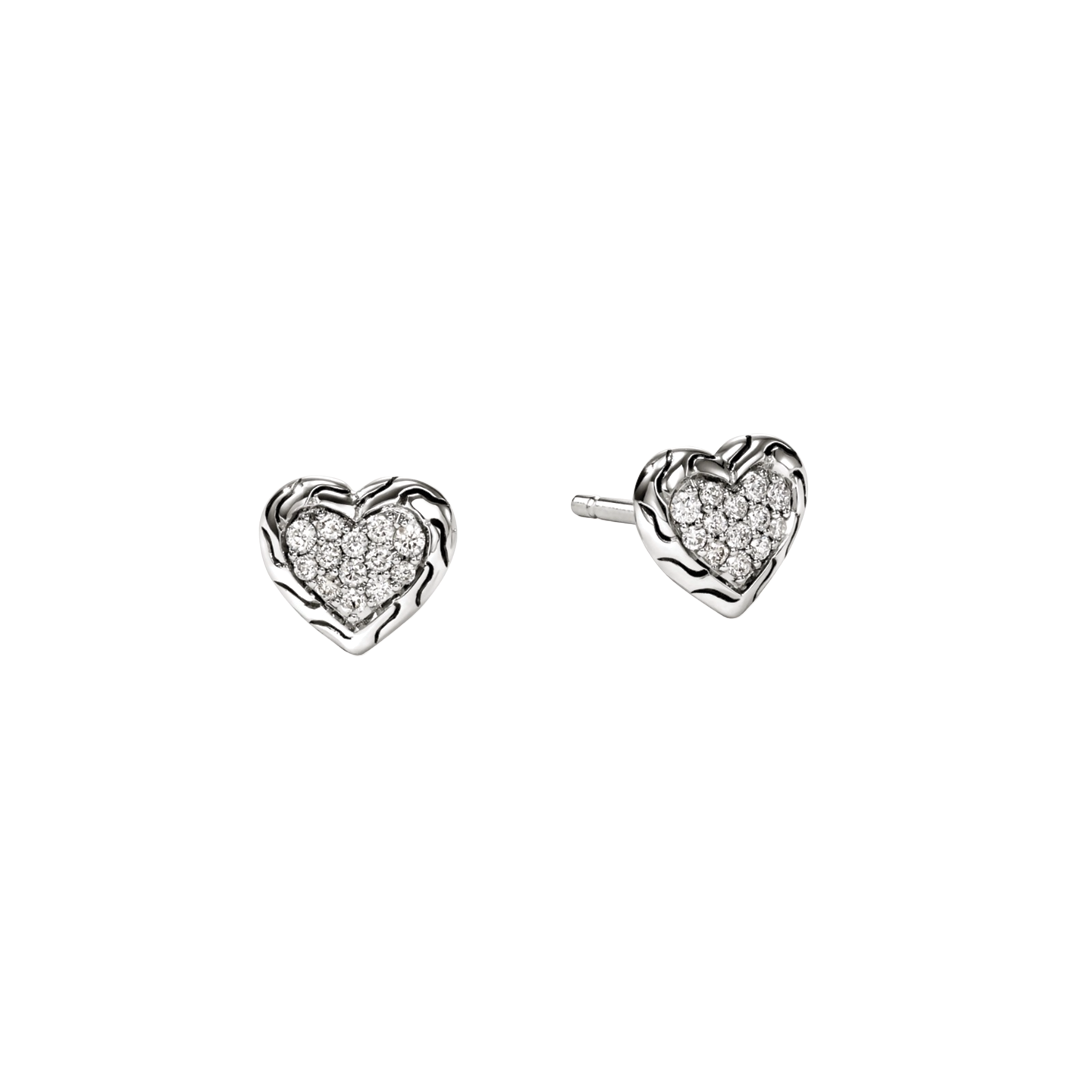 Sterling Silver and Diamond Heart Stud Earrings