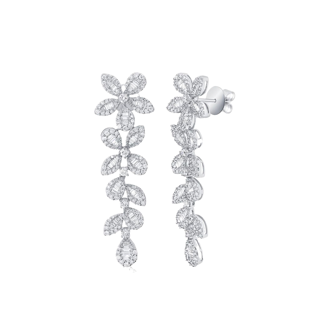 Floral Drop Earrings with Baguette and Round Diamonds