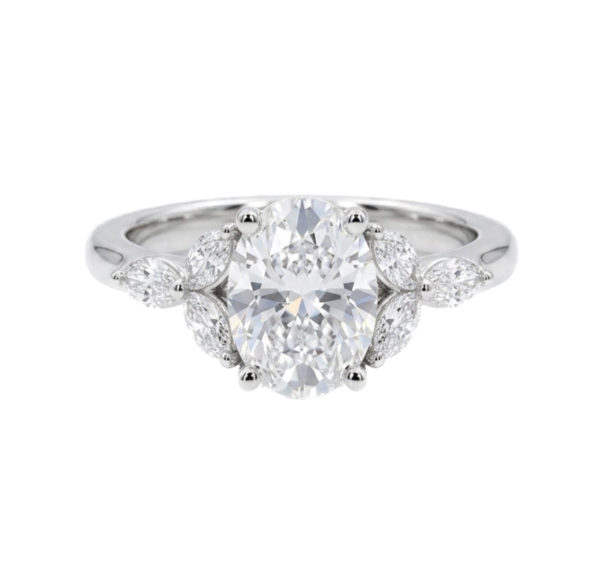 Petal Bloom Engagement Ring with Oval Center Diamond and Marquise Diamond Side Stones