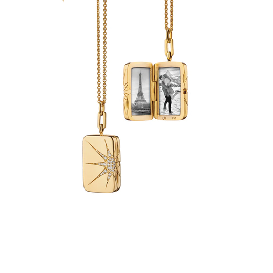 Sun and Star Rectangular Locket with Pave Diamond Star on Adjustable Chain in 18K Yellow Gold