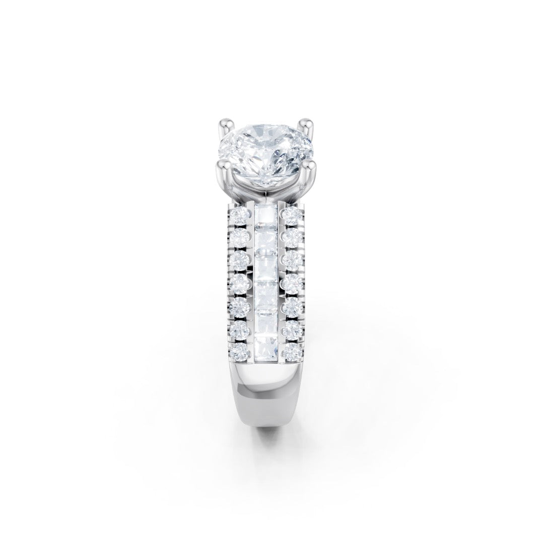 Round Diamond Engagement Ring Setting with 3-Row Mixed Cut Diamond Shank