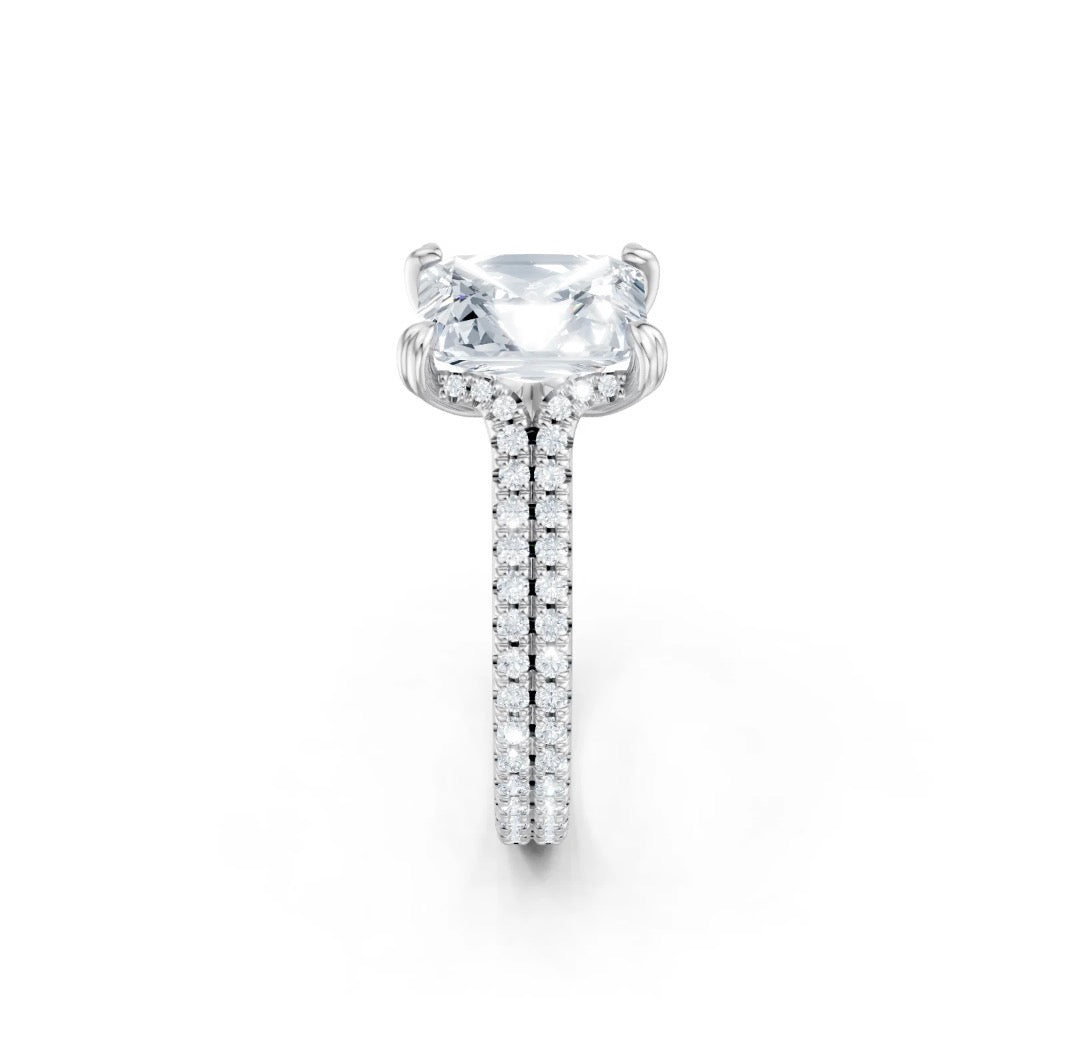 Emerald Cut Diamond Engagement Ring Setting with 2-Row Diamond Shank