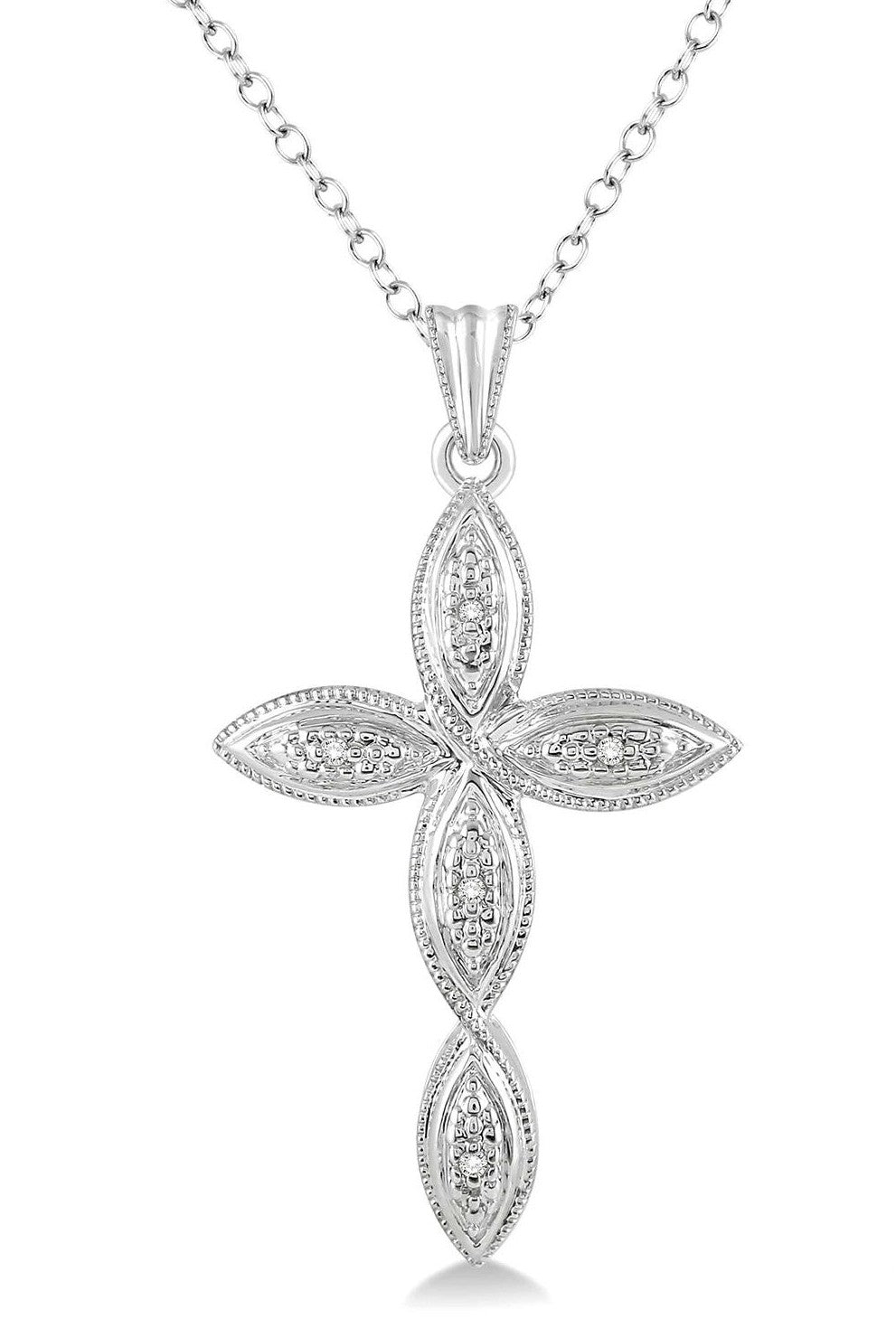 Milgrain Cross With Diamonds Necklace In Sterling Silver