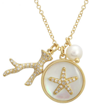 Freshwater Cultured Pearl Charm Necklace with Pave Diamond Coral Branch and Starfish Charm in 14K Yellow Gold