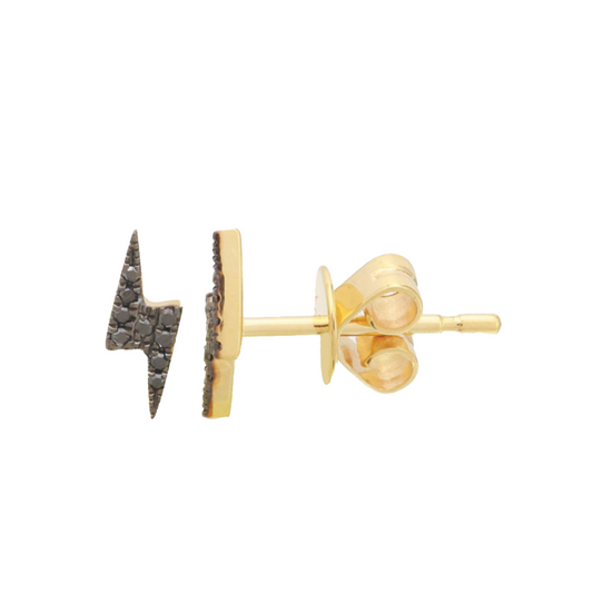 Lightening Bolt Stud Earrings with Black Diamonds in 14K Yellow Gold