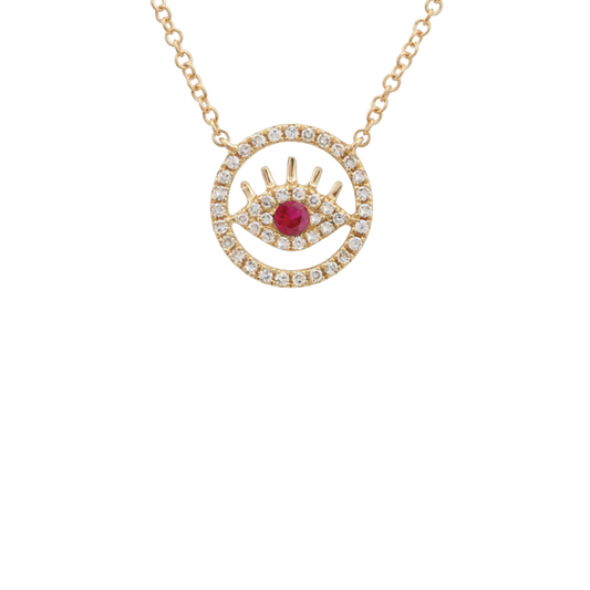 Evil Eye Pendant Necklace with Ruby and Diamonds in 14K Yellow Gold