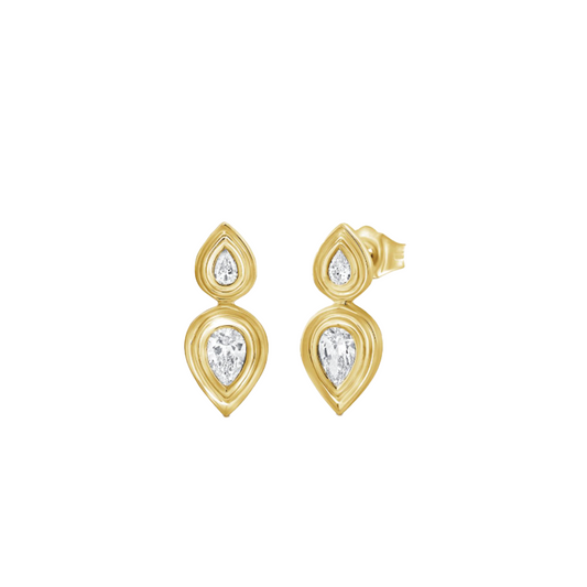 Double Bezel Set Pear Shaped Diamond Stud Earrings in 14K Yellow Gold