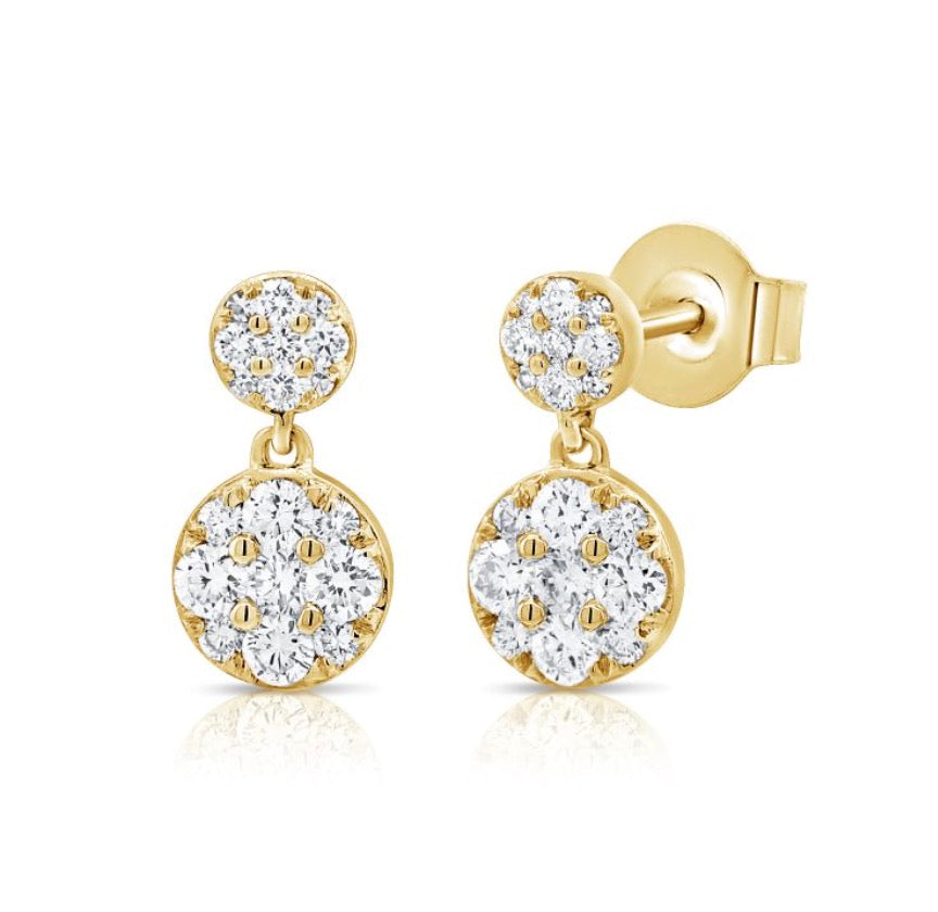 Double Diamond Disc Drop Earrings in Yellow Gold
