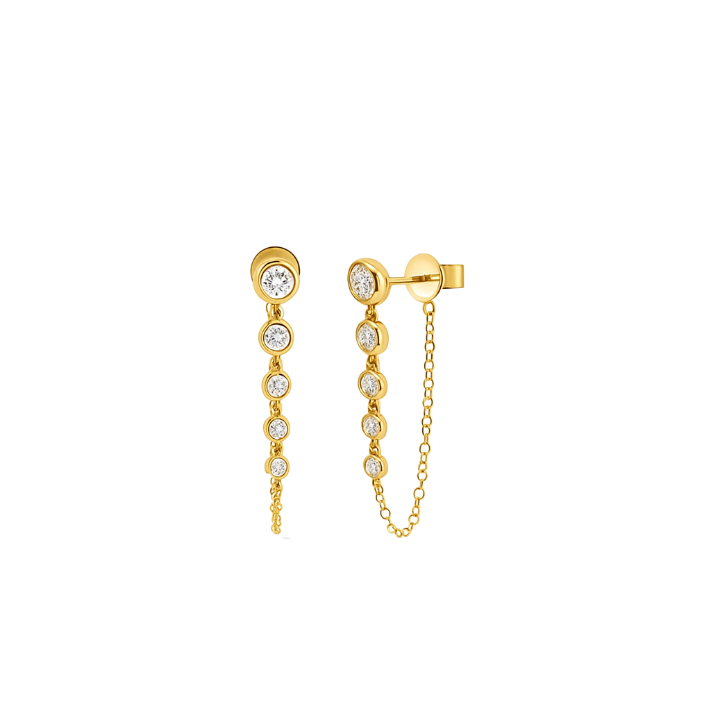 5 Diamond Tiered Drop Stud Earrings with Chain in 14K Yellow Gold
