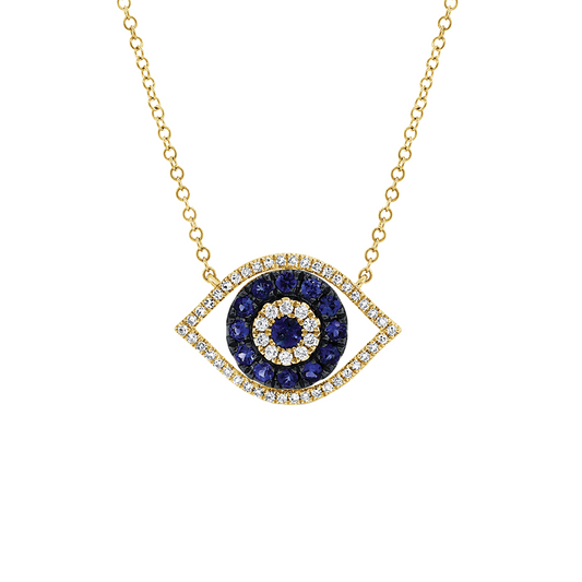 Evil Eye Pendant Necklace with Diamonds and Blue Sapphires in 14K Yellow Gold