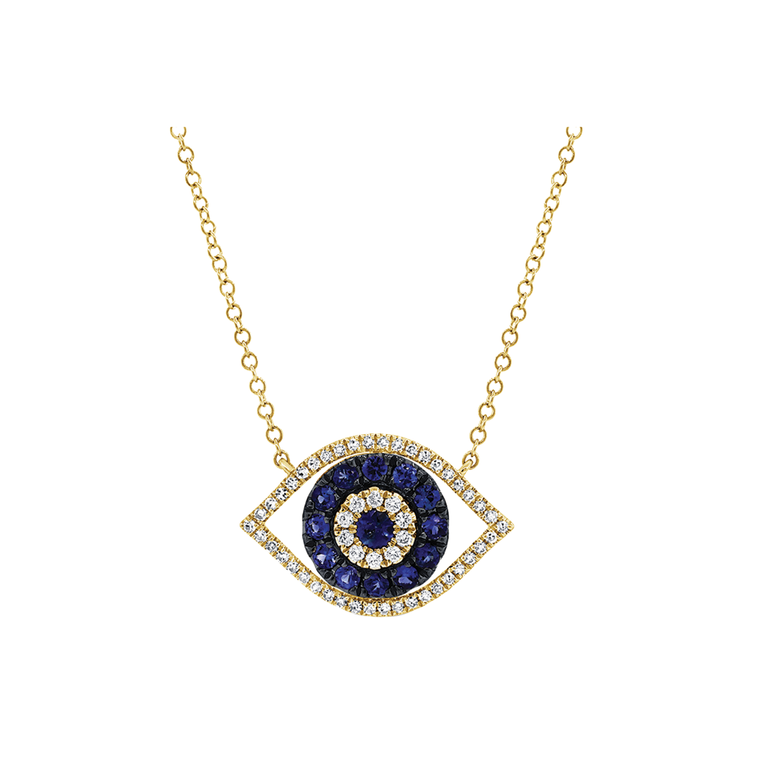 Evil Eye Pendant Necklace with Diamonds and Blue Sapphires