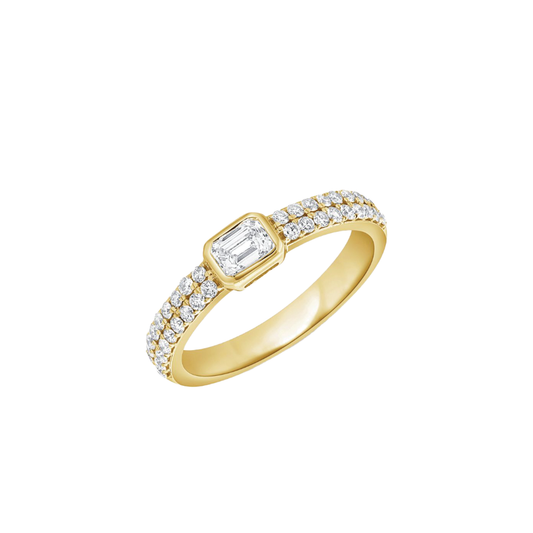 2-Row Pave Diamond Band with Bezel Set Emerald Cut Diamond