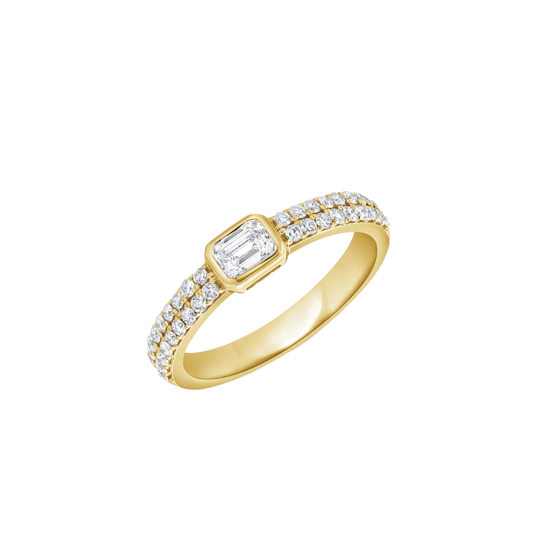 2-Row Pave Diamond Band with Bezel Set Emerald Cut Diamond