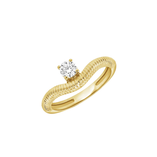 Fluted Curved Band with Prong Set Round Cut Diamond in 14K Yellow Gold