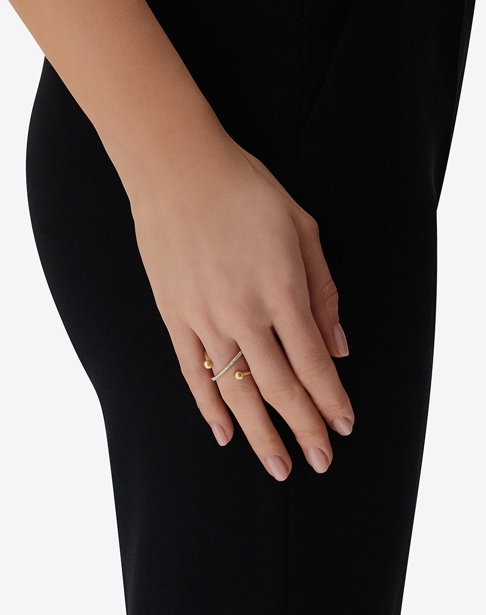 Hand Engraved Boules and Diamond CrissCross Ring