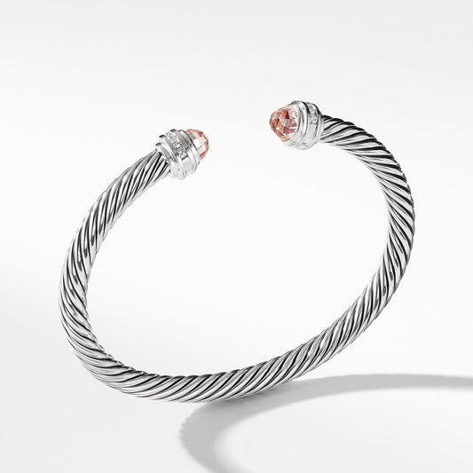 Classic Cable Bracelet in Sterling Silver with Morganite and Diamonds, 5mm