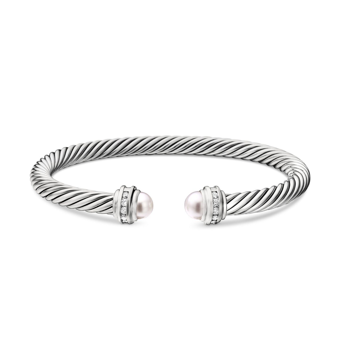 Classic Cable Bracelet in Sterling Silver with Pearls and Diamonds, 5mm