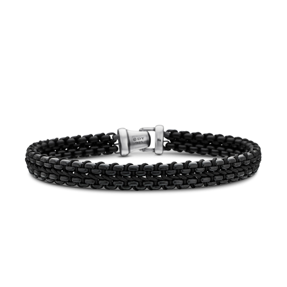 Woven Box Chain Bracelet in Sterling Silver, Black Stainless Steel and Black Nylon