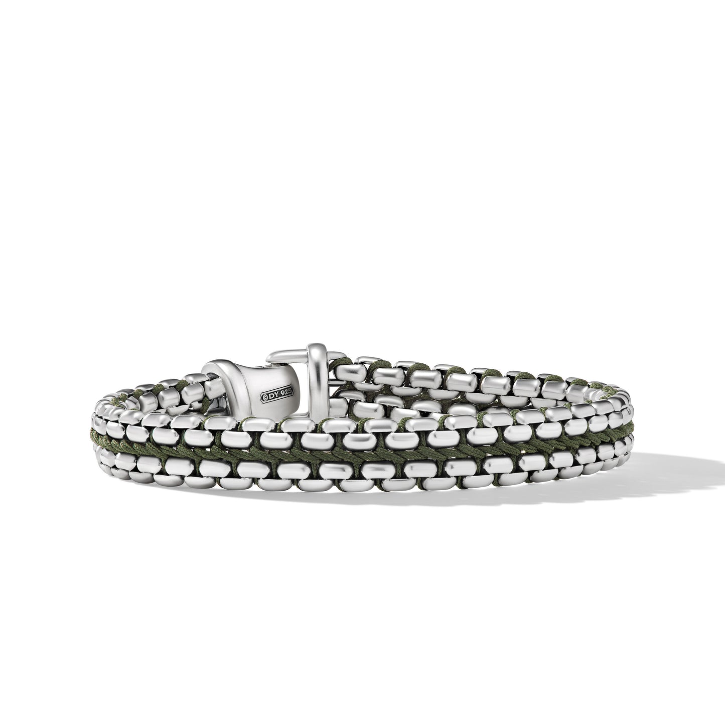 Woven Box Chain Bracelet in Sterling Silver with Green Nylon
