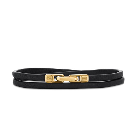 Streamline® Double Wrap Bracelet in Black Leather with 18K Yellow Gold, 4mm