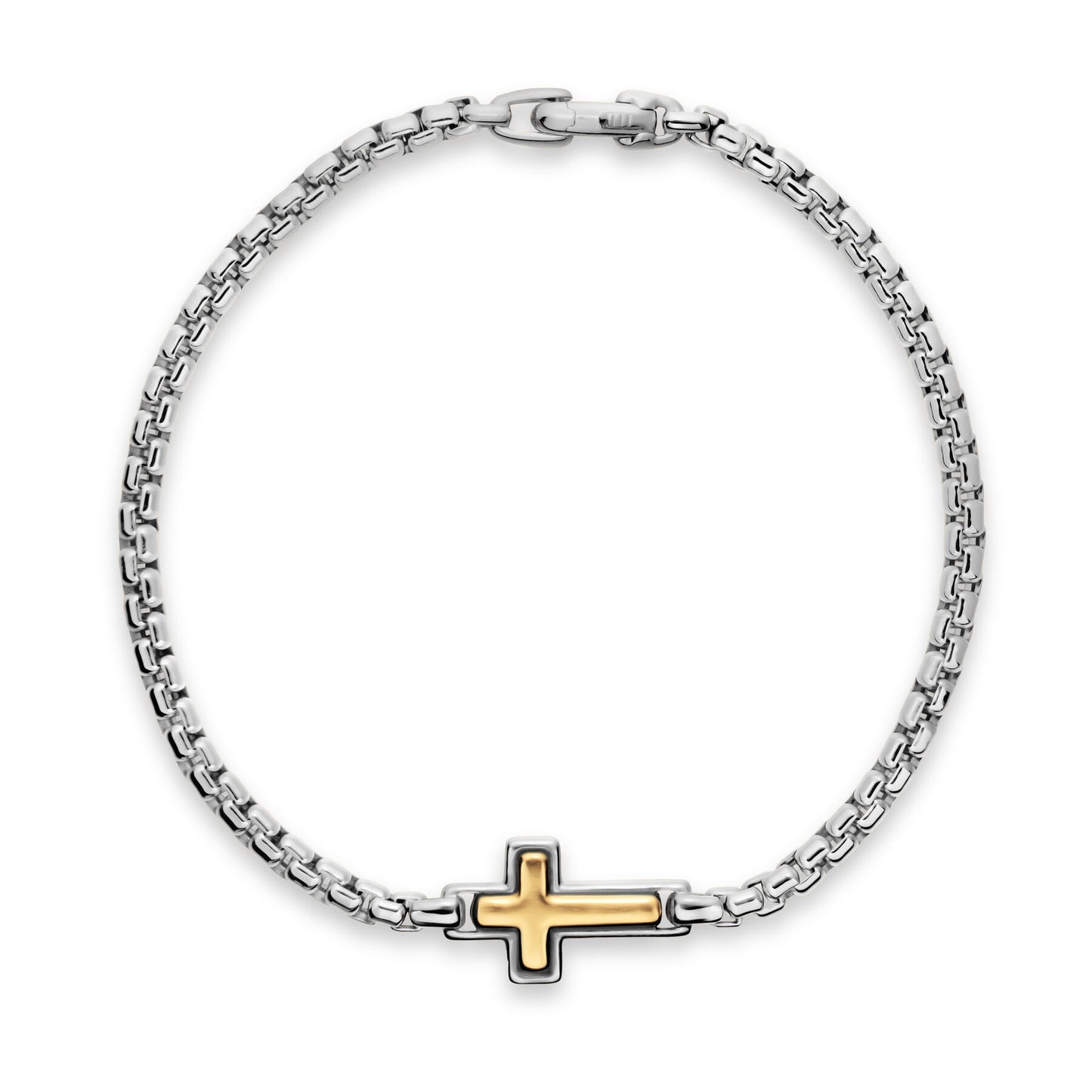 Cross Station Box Chain Bracelet in Sterling Silver and Yellow Gold