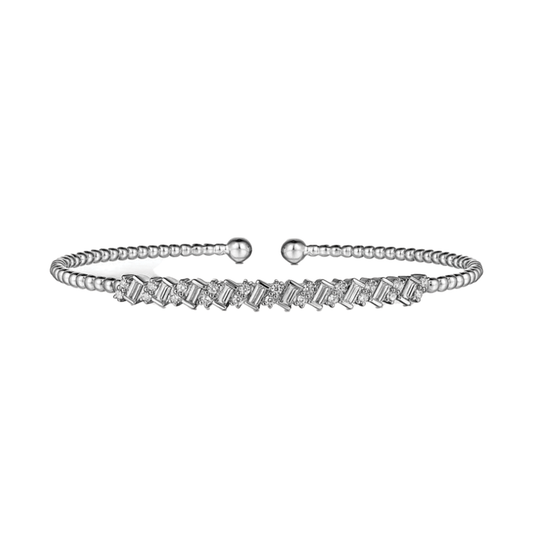 Round and Baguette Diamond Cuff Bracelet in 14K White Gold