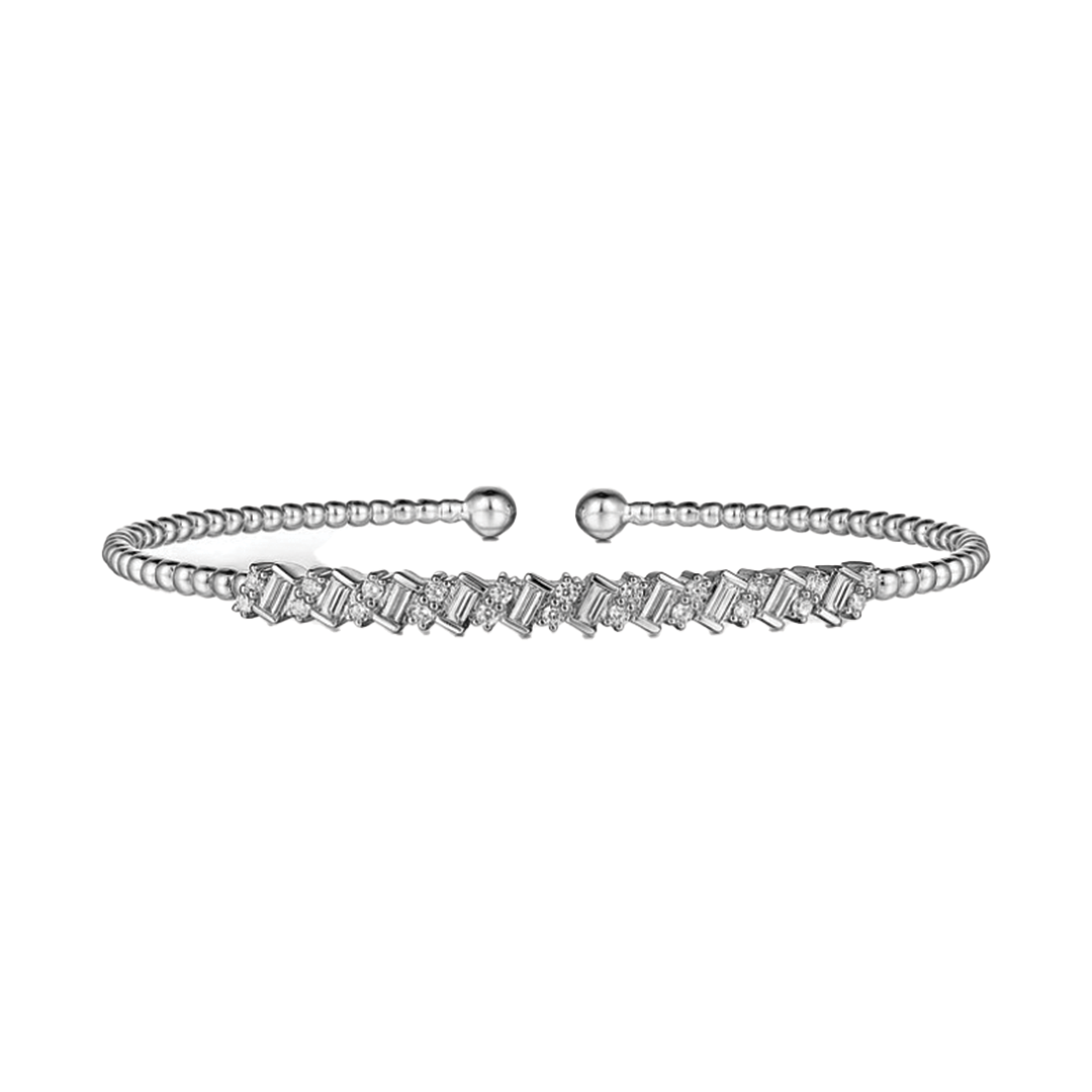 Round and Baguette Diamond Cuff Bracelet in 14K White Gold