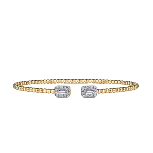 Baguette Halo Beaded Open Bangle in 14K Yellow Gold