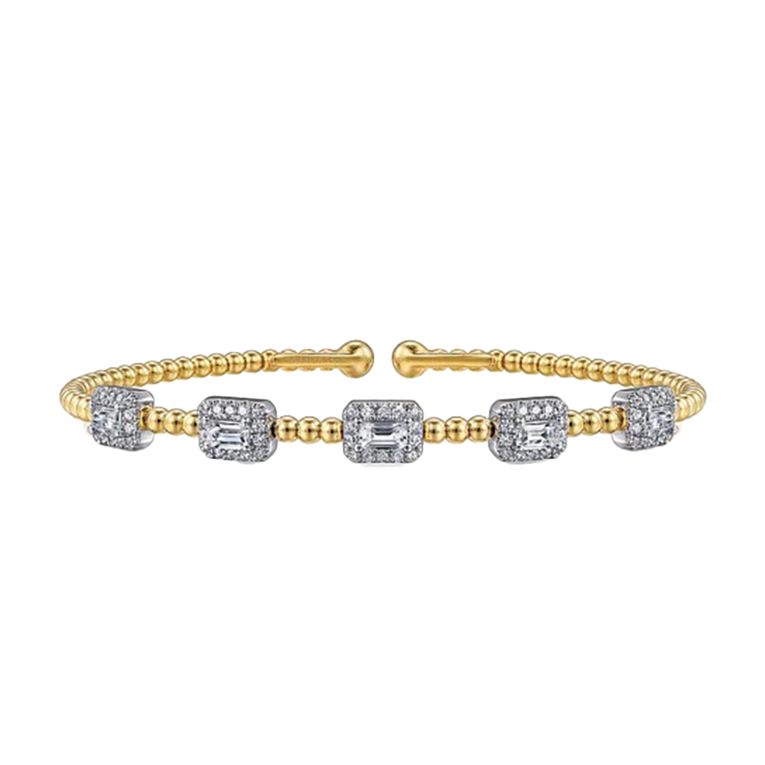 Bangle Bracelet with Emerald and Round Cut Diamond with Diamond Halos
