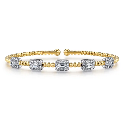 Bangle Bracelet with Emerald and Round Cut Diamond with Diamond Halos