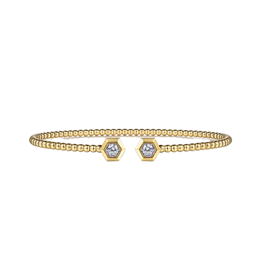 Diamond Split Bangle Bracelet with Prong Set Stones in Hexagon Bezel Frame