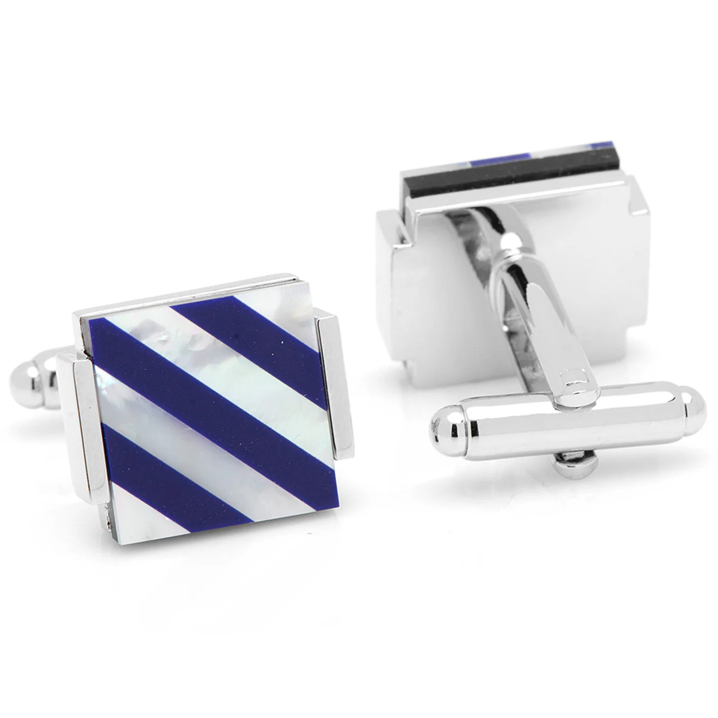 Blue Diagonal Striped Cufflinks with Mother of Pearl