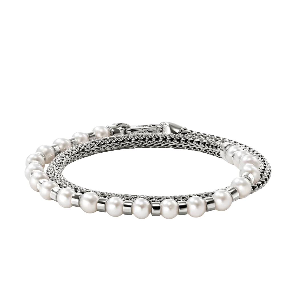 Sterling Silver Double Wrap Bracelet with Pearls