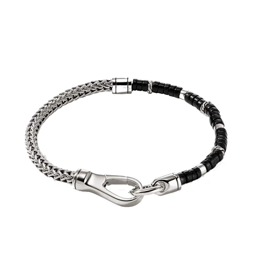 Sterling Silver Heishi Chain Bracelet with Black Onyx