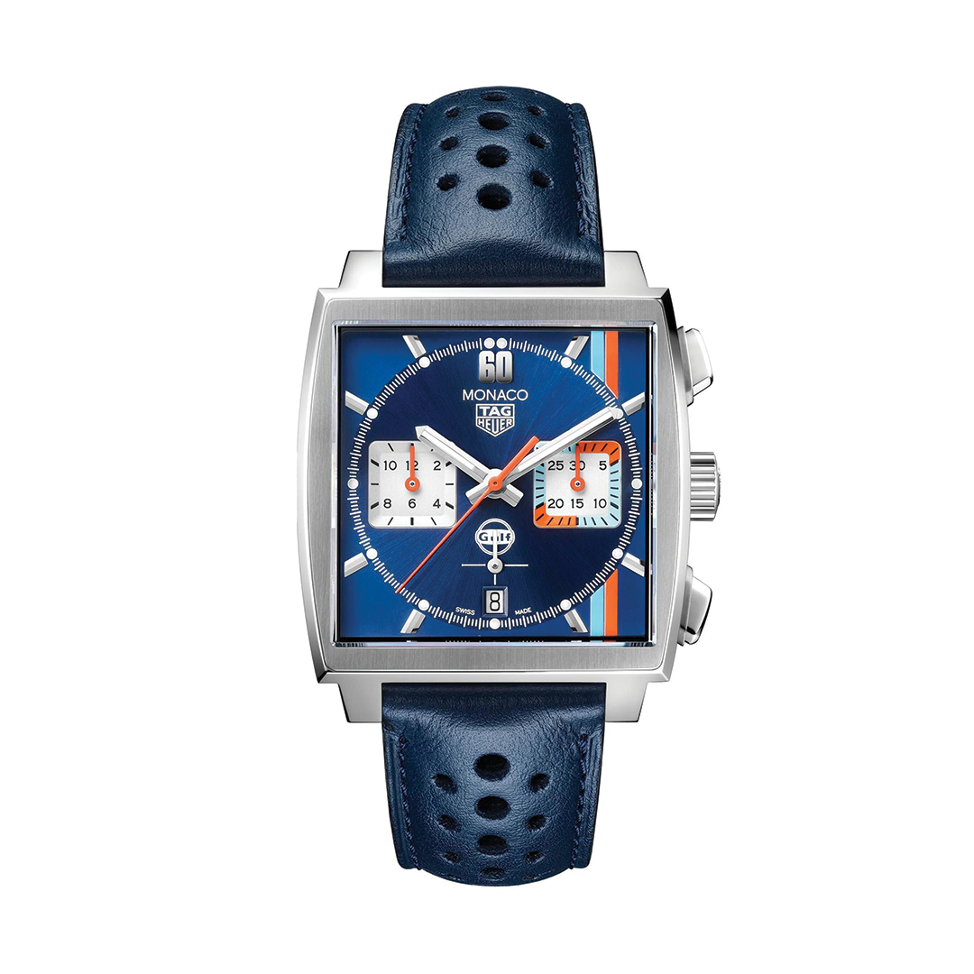 39mm Monaco Gulf Automatic Watch with Blue Leather Strap and Dial