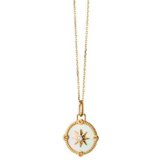 Adventure Compass Charm Necklace with Mother-of-Pearl in 18K Yellow Gold