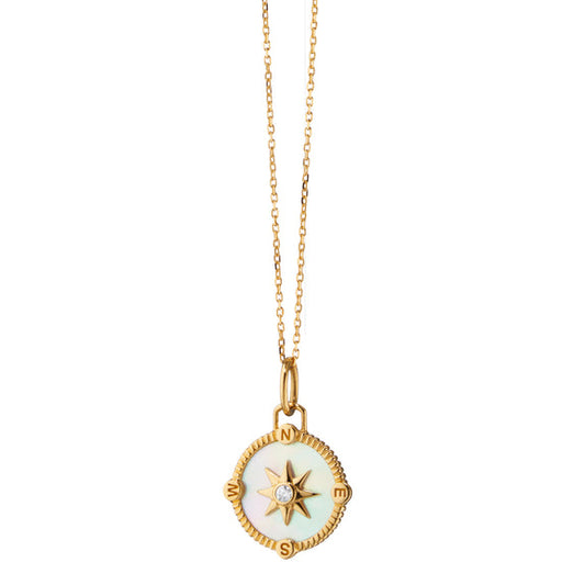 Adventure Compass Charm Necklace with Mother-of-Pearl in 18K Yellow Gold